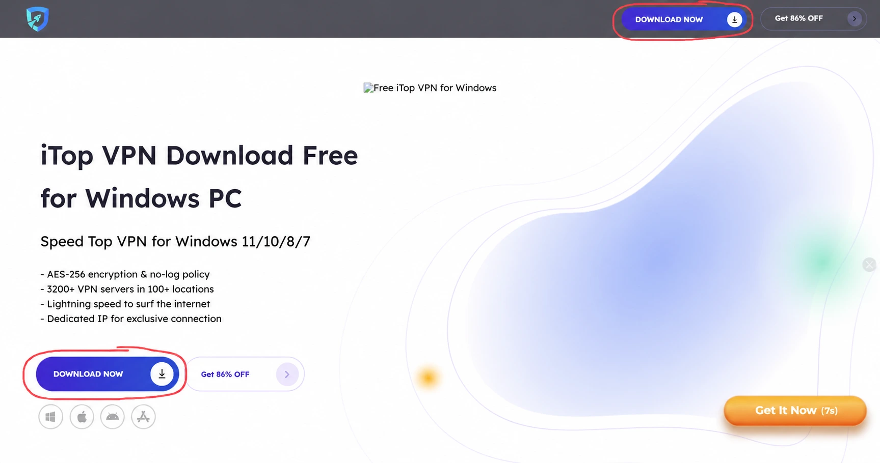 iTop VPN's official Windows download page, with the Download Now buttons highlighted