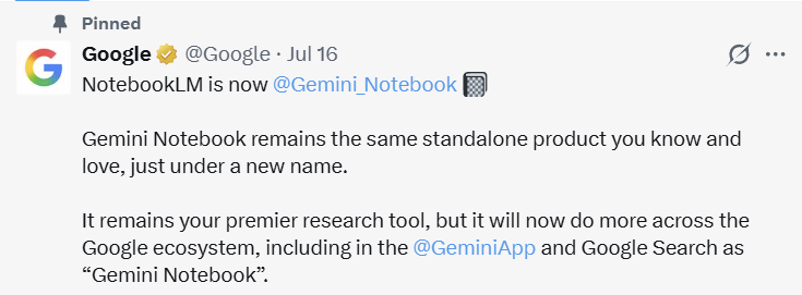 Google's official post on X announcing that NotebookLM is now Gemini Notebook, July 16, 2026
