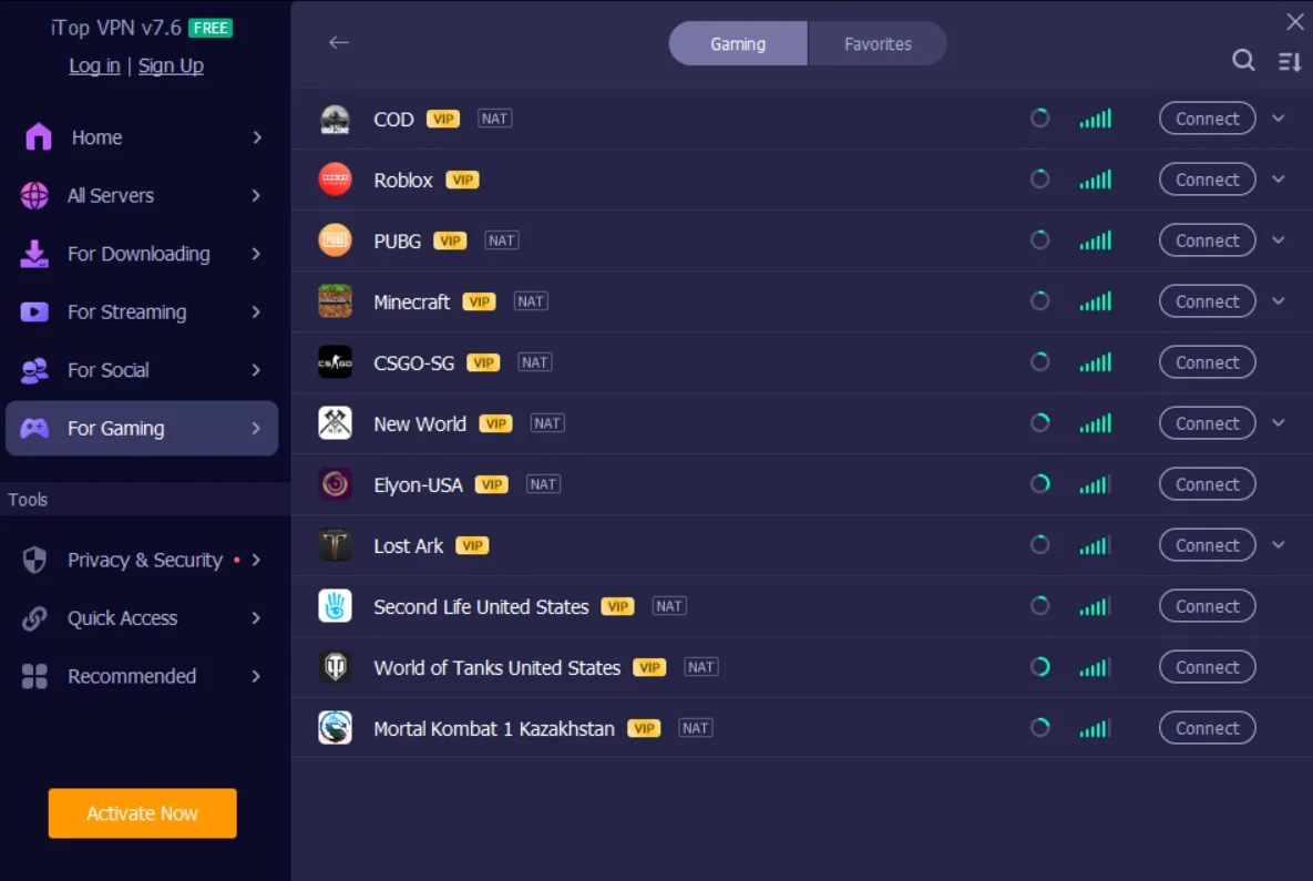 iTop VPN Gaming server list showing entries for Call of Duty, Roblox, PUBG, Minecraft, and other titles, all marked VIP