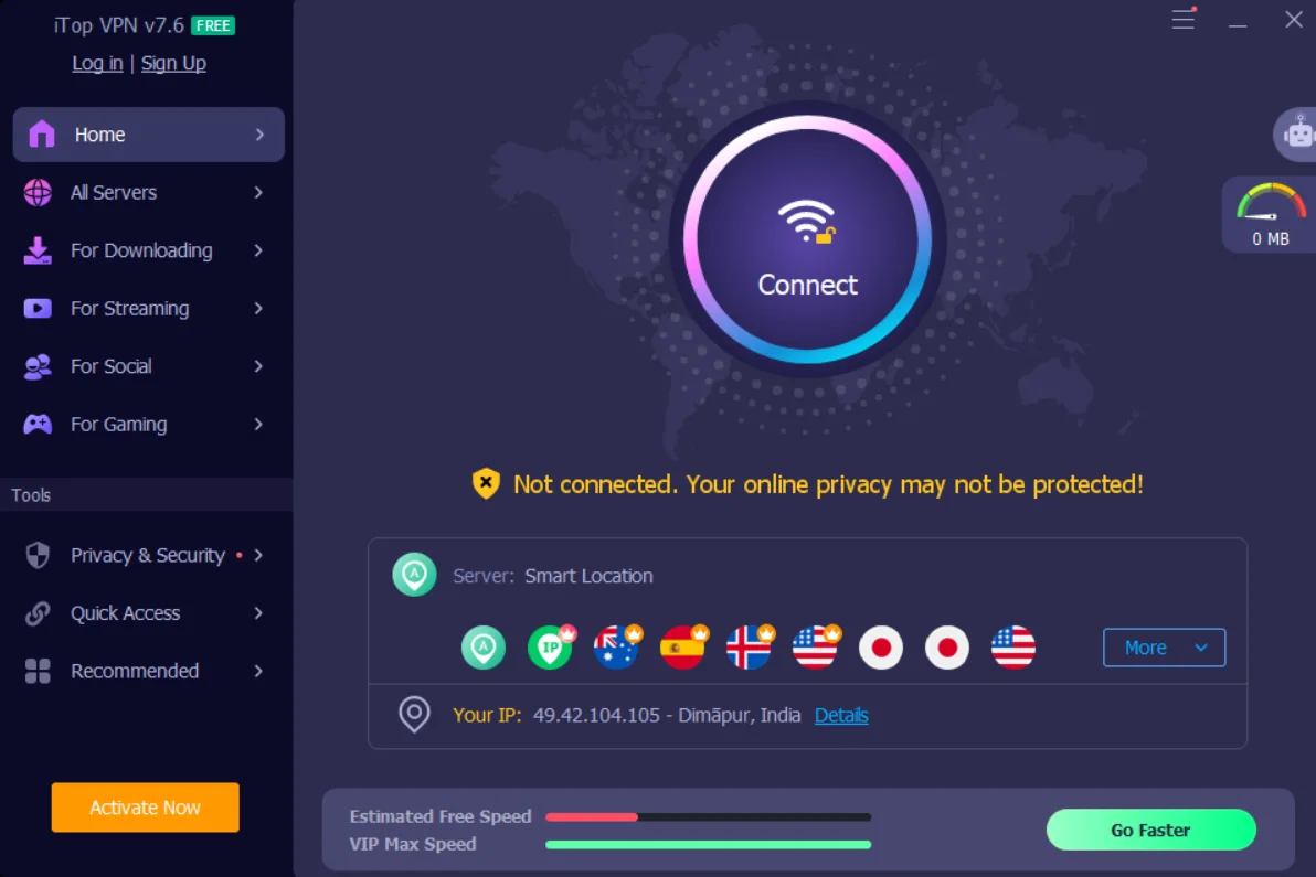 iTop VPN Windows app home screen showing the Connect button, server categories sidebar, and current IP address