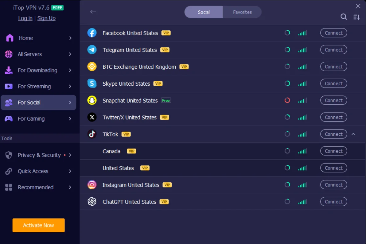 iTop VPN Social server list showing Facebook, Telegram, Skype, Snapchat marked Free, Twitter/X, TikTok, Instagram, and ChatGPT