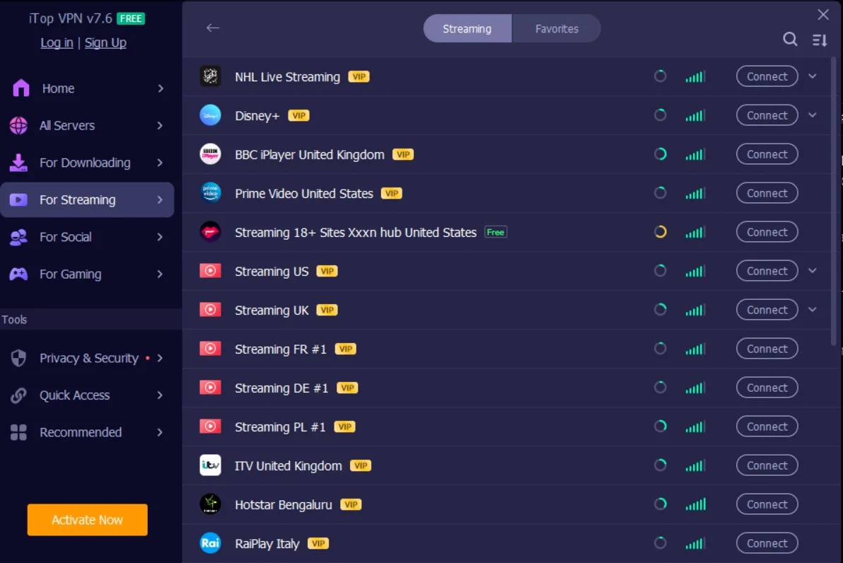 iTop VPN Streaming server list showing NHL Live Streaming, Disney+, BBC iPlayer, Prime Video, ITV, Hotstar, and RaiPlay, all marked VIP except an 18+ content hub marked Free