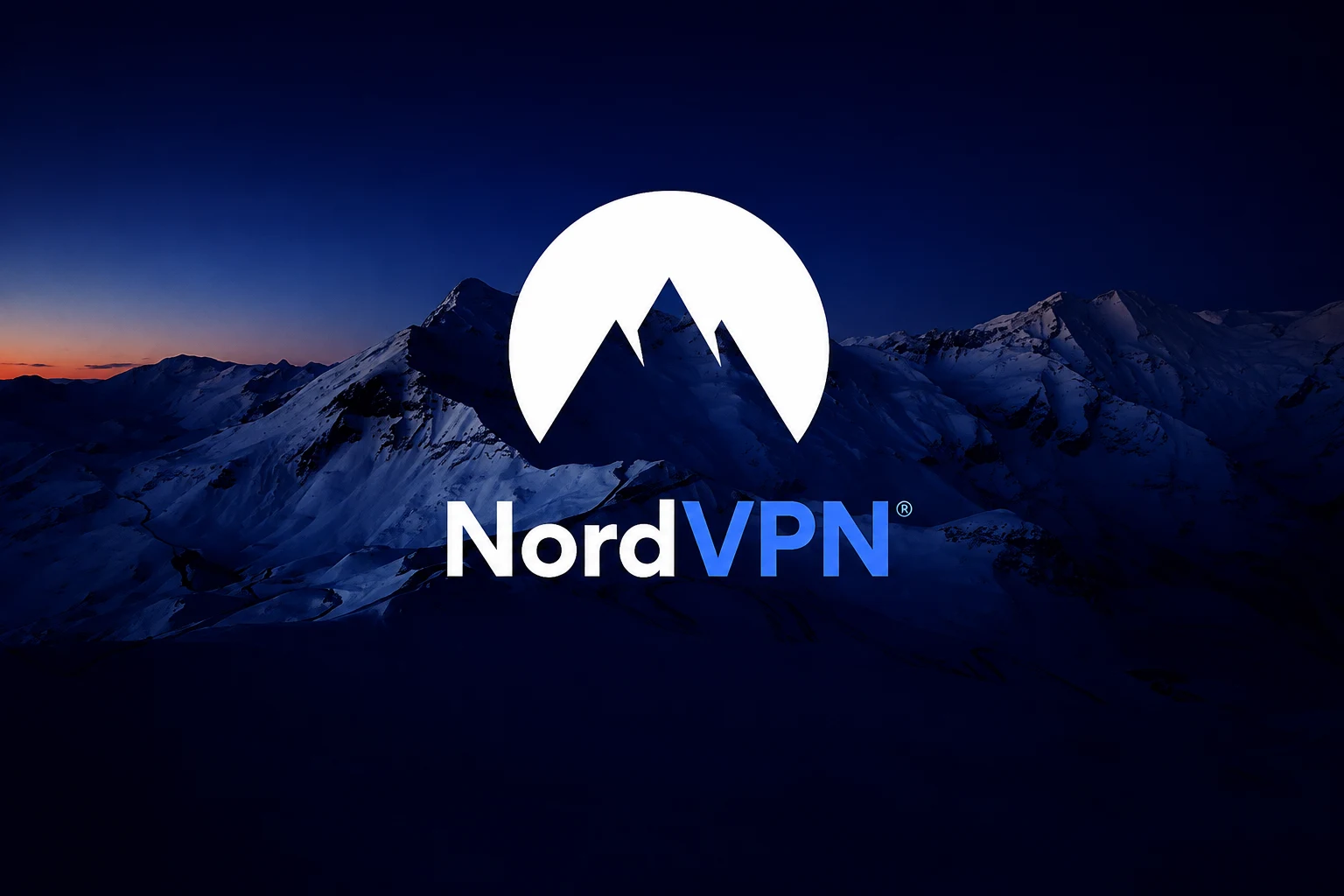 NordVPN logo over a mountain range at dusk