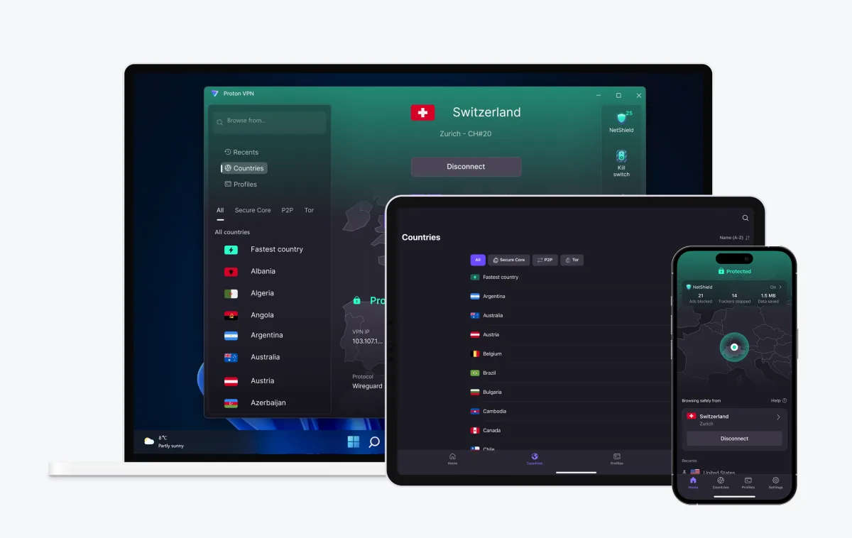 Proton VPN's country picker open on laptop, tablet, and phone at the same time