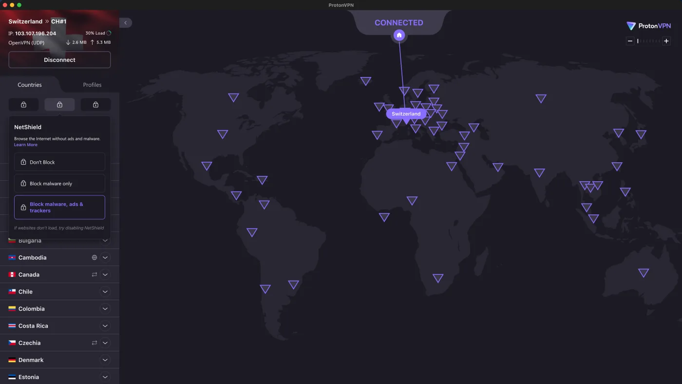 Proton VPN desktop app connected to Switzerland, showing the NetShield ad and malware blocking options in the sidebar alongside the server map