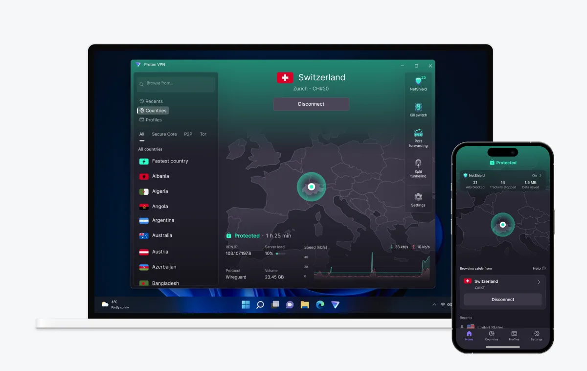 Proton VPN desktop app connected to Switzerland with a live speed graph, alongside the iOS app showing the same connected state