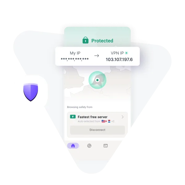 Proton VPN mobile app showing the free tier connected to a 'Fastest free server' with IP address masked