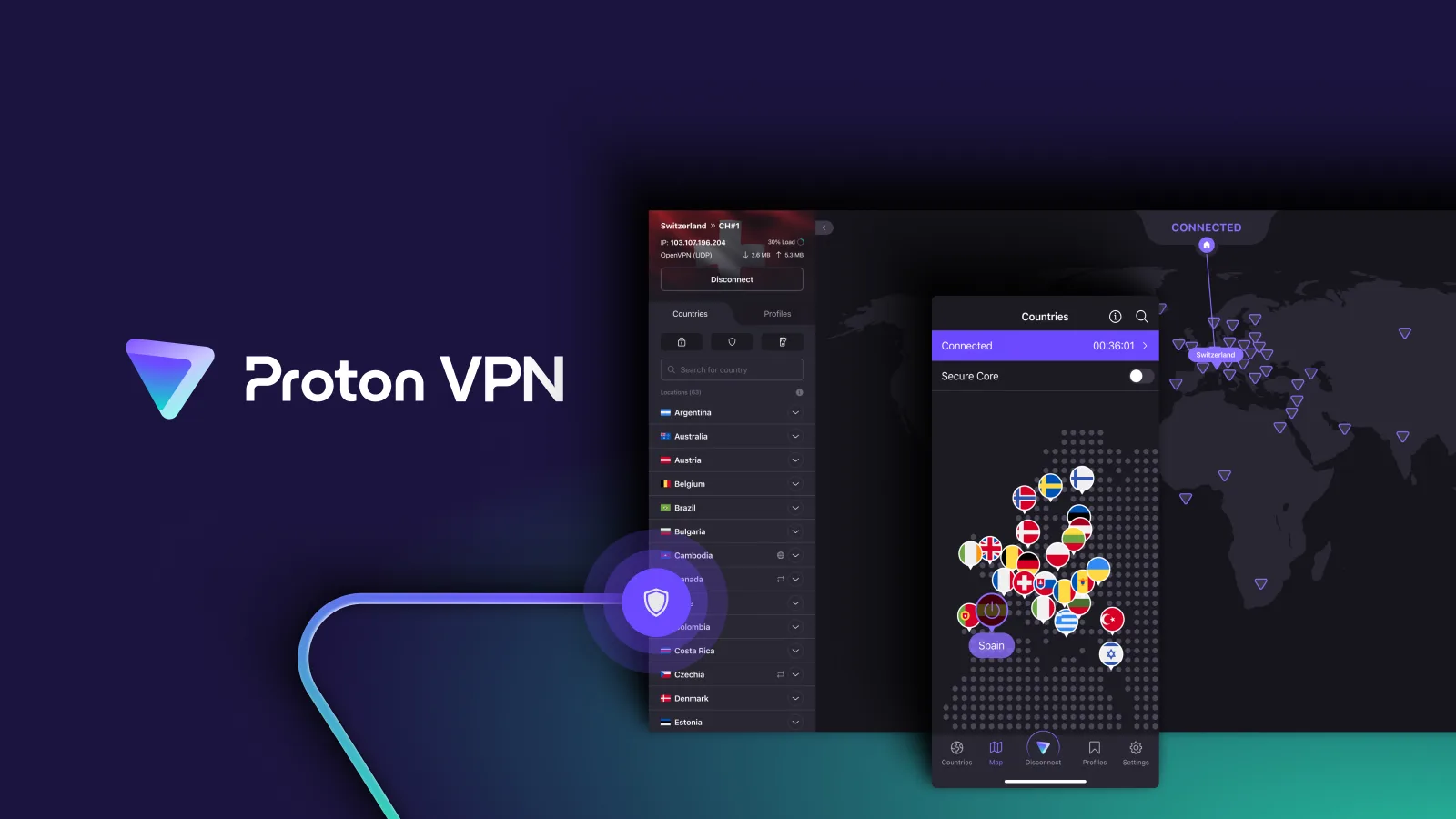 Proton VPN logo and app interface across desktop and mobile