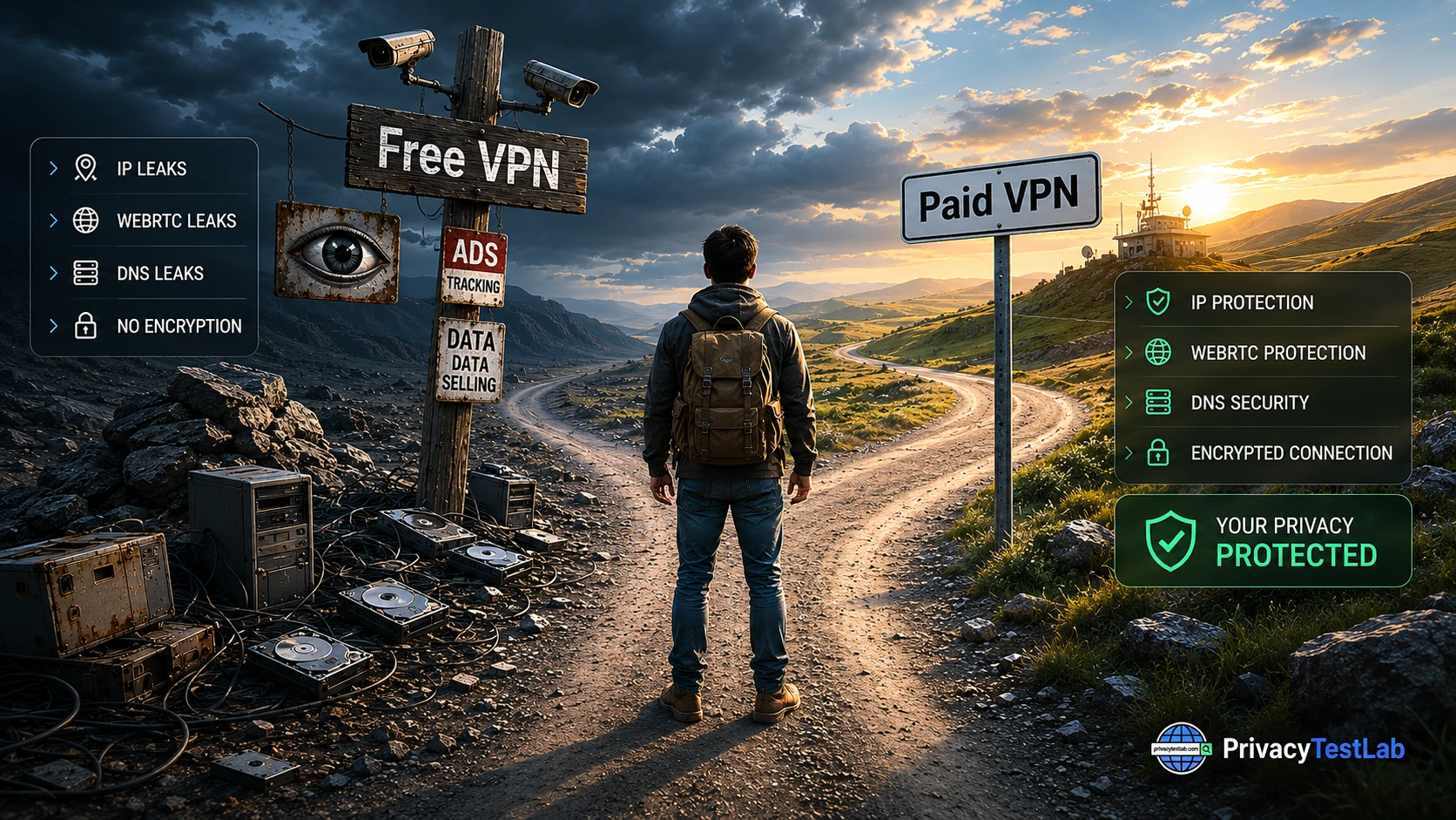 Comparison of free VPN and paid VPN services showing privacy, speed, and security differences