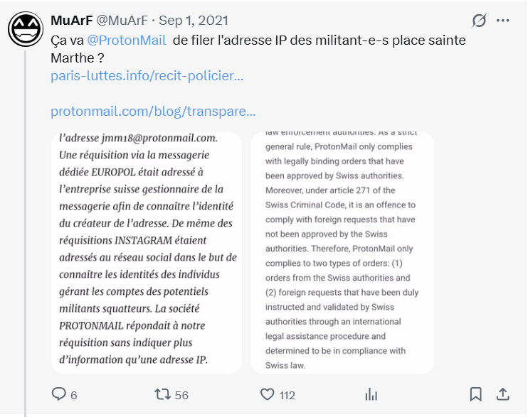 Side-by-side comparison of Proton's privacy policy wording before and after the 2021 IP-logging disclosure, posted by security researcher @MuArF