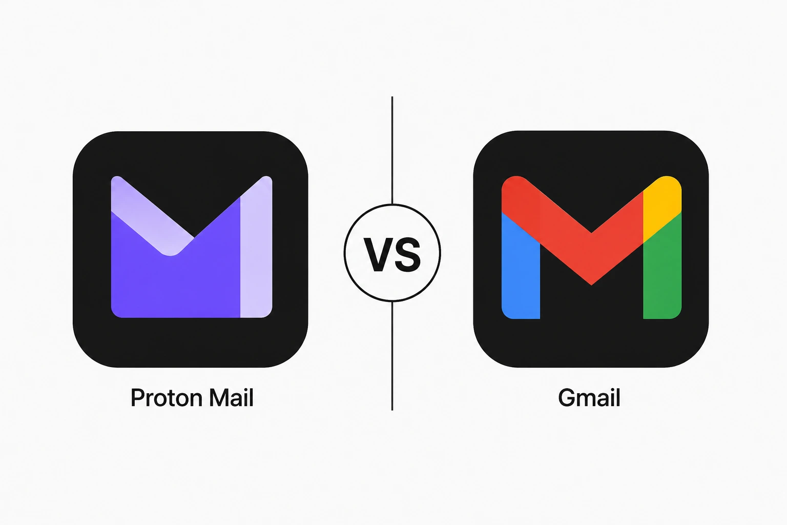 Split illustration comparing Proton Mail's zero-access encrypted inbox against Gmail's ad-supported, AI-scanned inbox