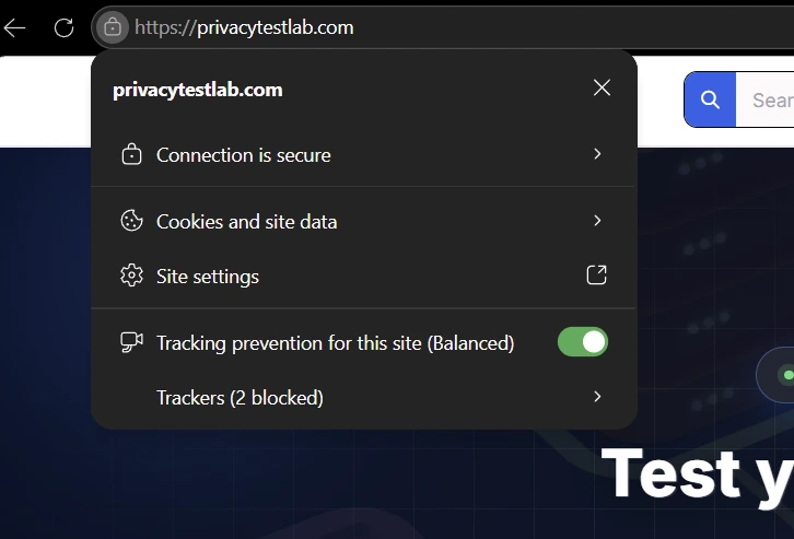 Browser connection-info panel for privacytestlab.com showing a padlock icon and the message 'Connection is secure'