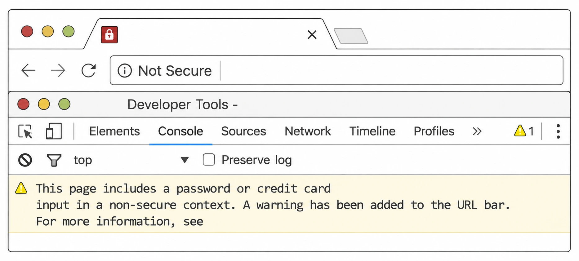 Browser DevTools console warning stating a page includes a password field over an insecure (HTTP) connection, with the address bar showing 'Not Secure'