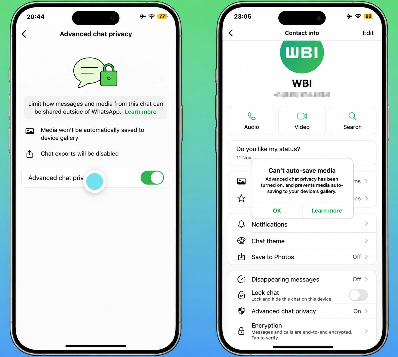 WhatsApp Advanced Chat Privacy toggle blocking media export and auto-download