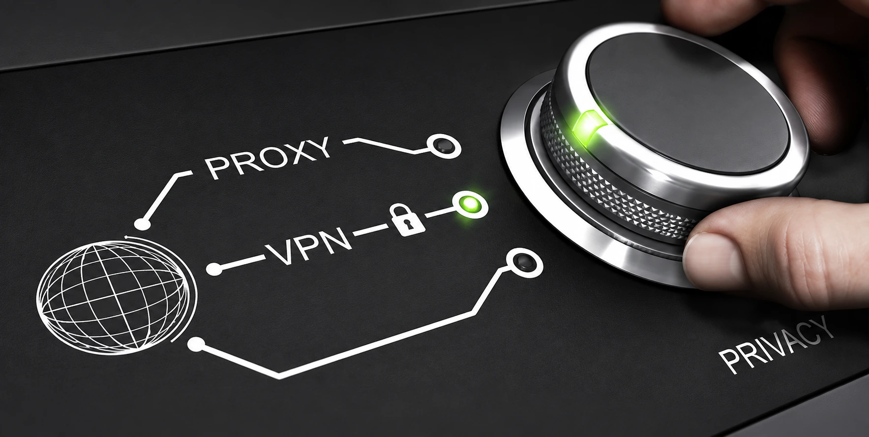 A privacy selector dial choosing between a proxy and a VPN, with the VPN option shown locked and encrypted