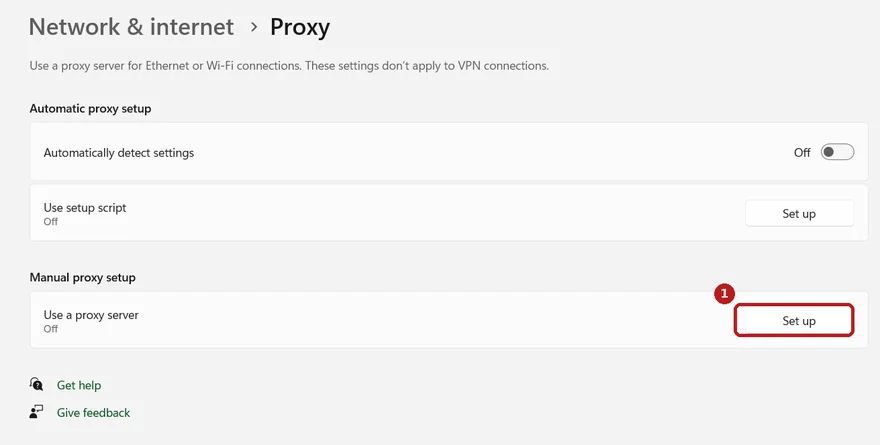 Windows 11 Network & internet > Proxy settings page, with the Set up button under Manual proxy setup highlighted