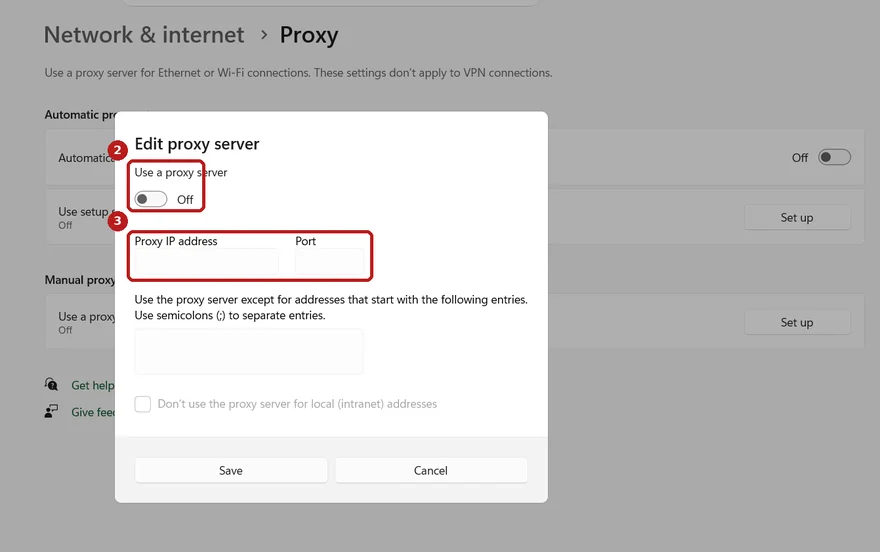 Windows 11 Edit proxy server dialog, with the Use a proxy server toggle and the Proxy IP address and Port fields highlighted